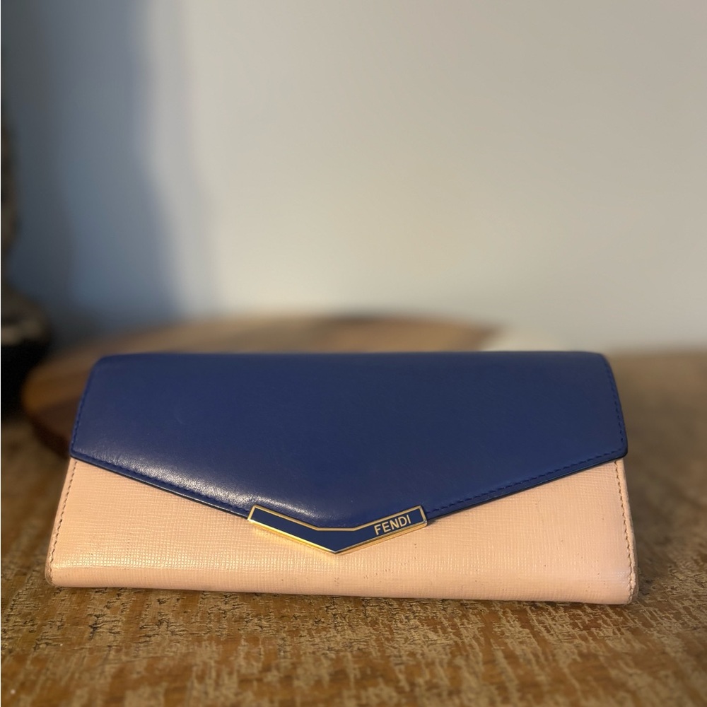 Fendi Color Block Long Navy Cream Teal Wallet gold hardware